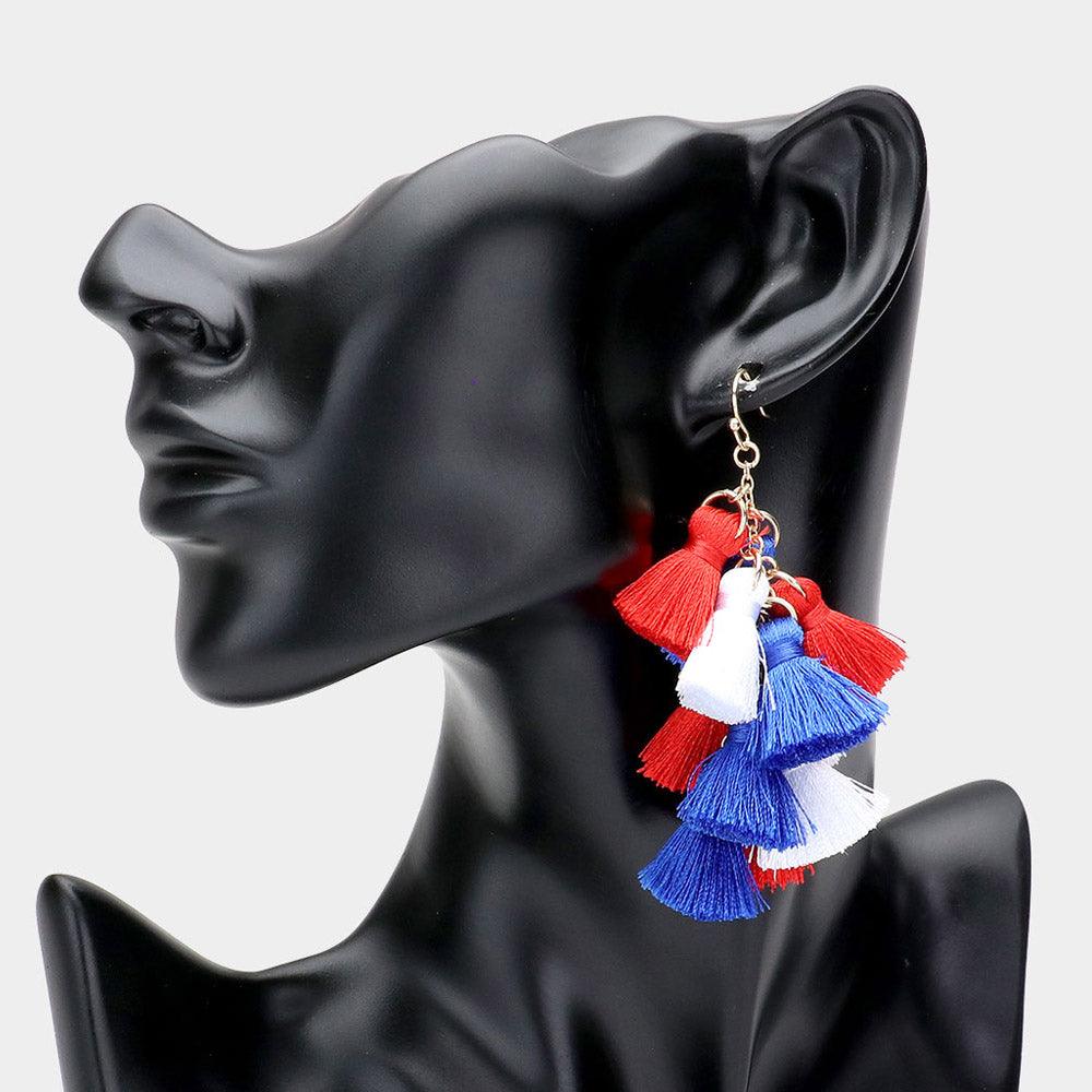 White American USA Flag Tassel Cluster Dangle Drop Earrings