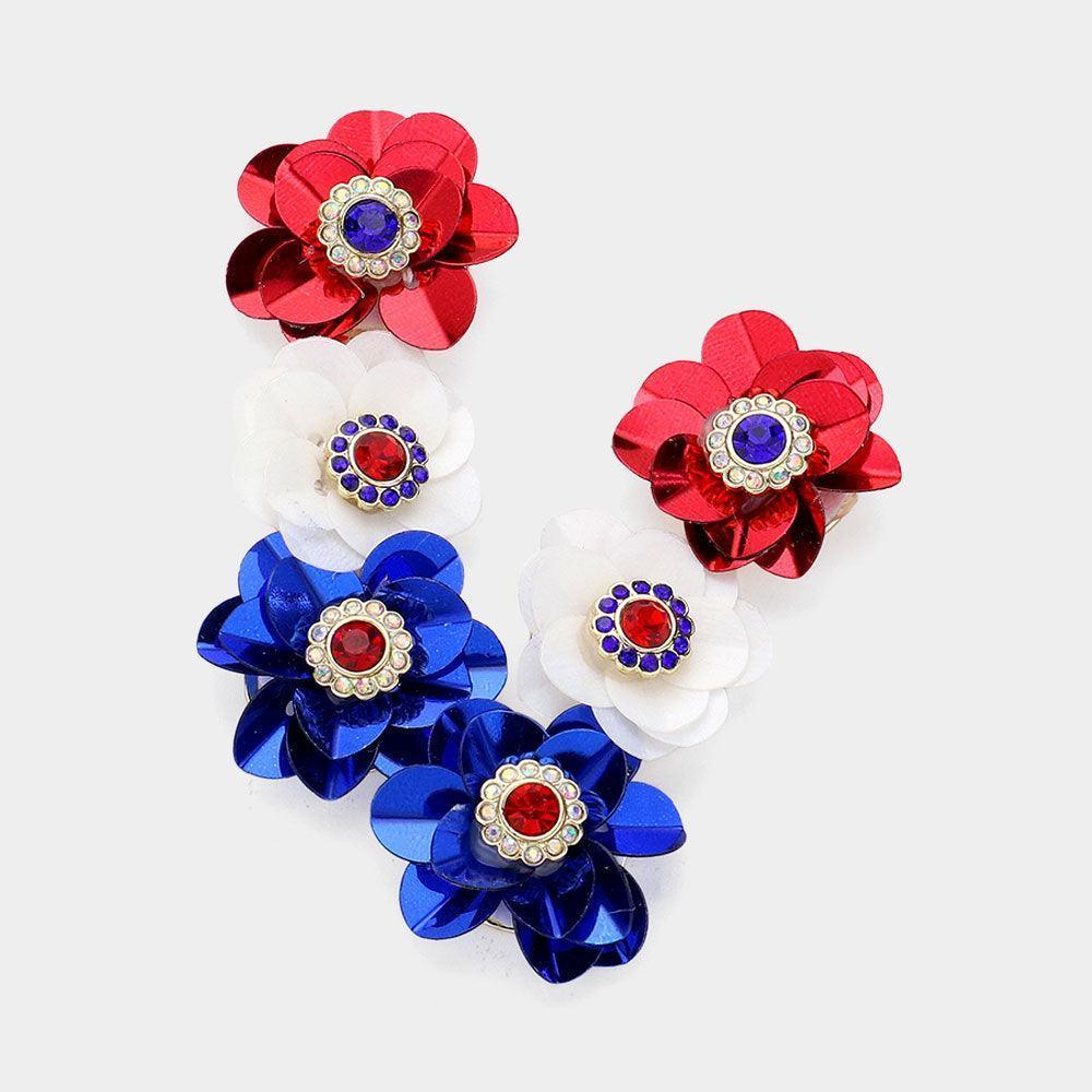 American USA Flag Themed Color Triple Sequin Flower Dropdown Earrings - Jewelry Store by Erik Rayo