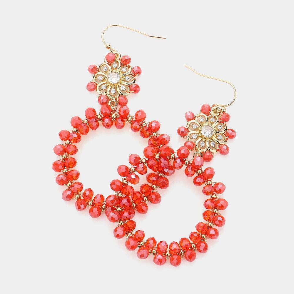 Coral Flower Faceted Bead Wrapped Open Circle Link Dangle Earrings - Jewelry Store by Erik Rayo