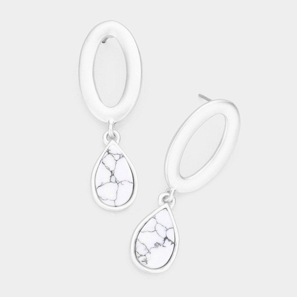 White Open Metal Oval Natural Stone Teardrop Link Dangle Earrings