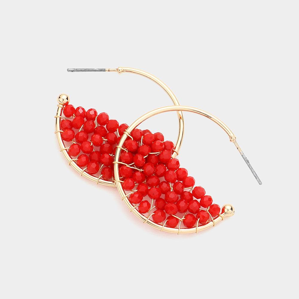 Red Faceted Beaded Hoop Earrings