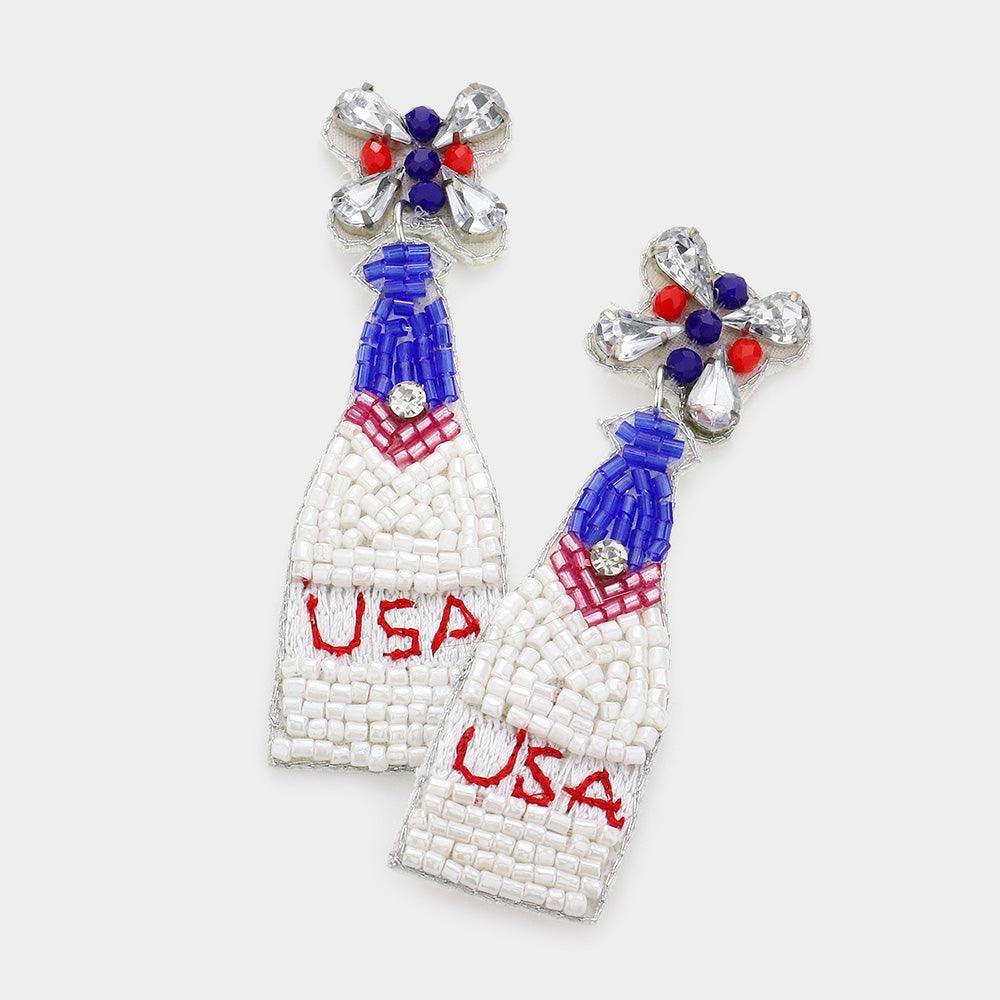 Blue American USA Beaded Champagne Dangle Earrings - Jewelry Store by Erik Rayo