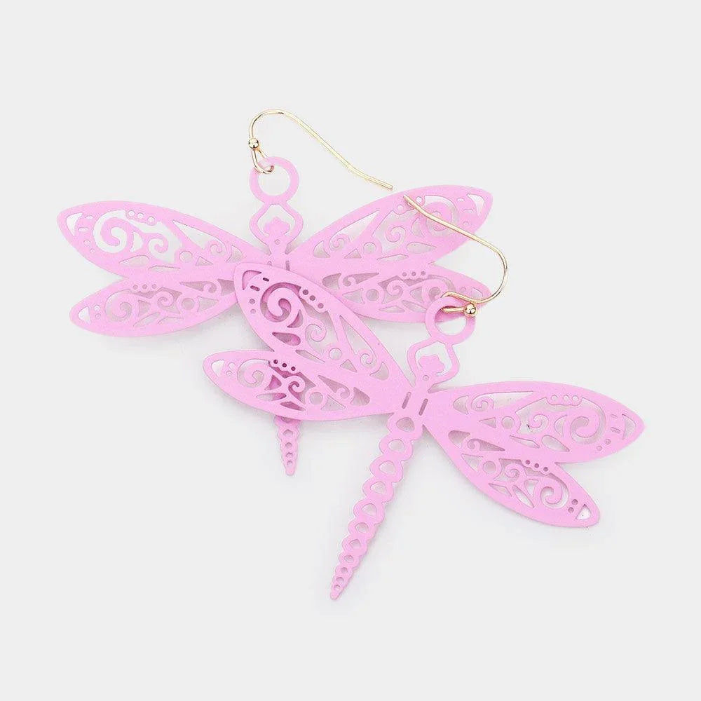 Pink Cut Out Brass Metal Dragonfly Dangle Earrings - Jewelry Store by Erik Rayo