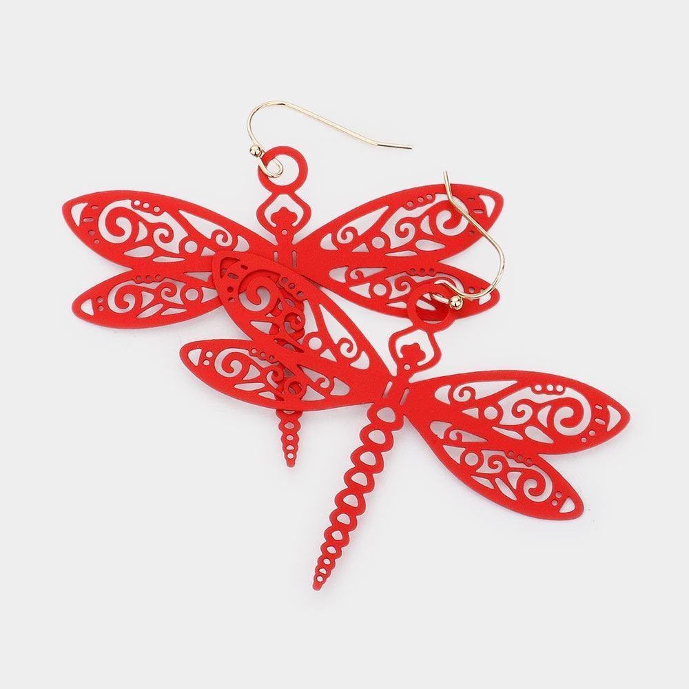 Red Cut Out Brass Metal Dragonfly Dangle Earrings - Jewelry Store by Erik Rayo