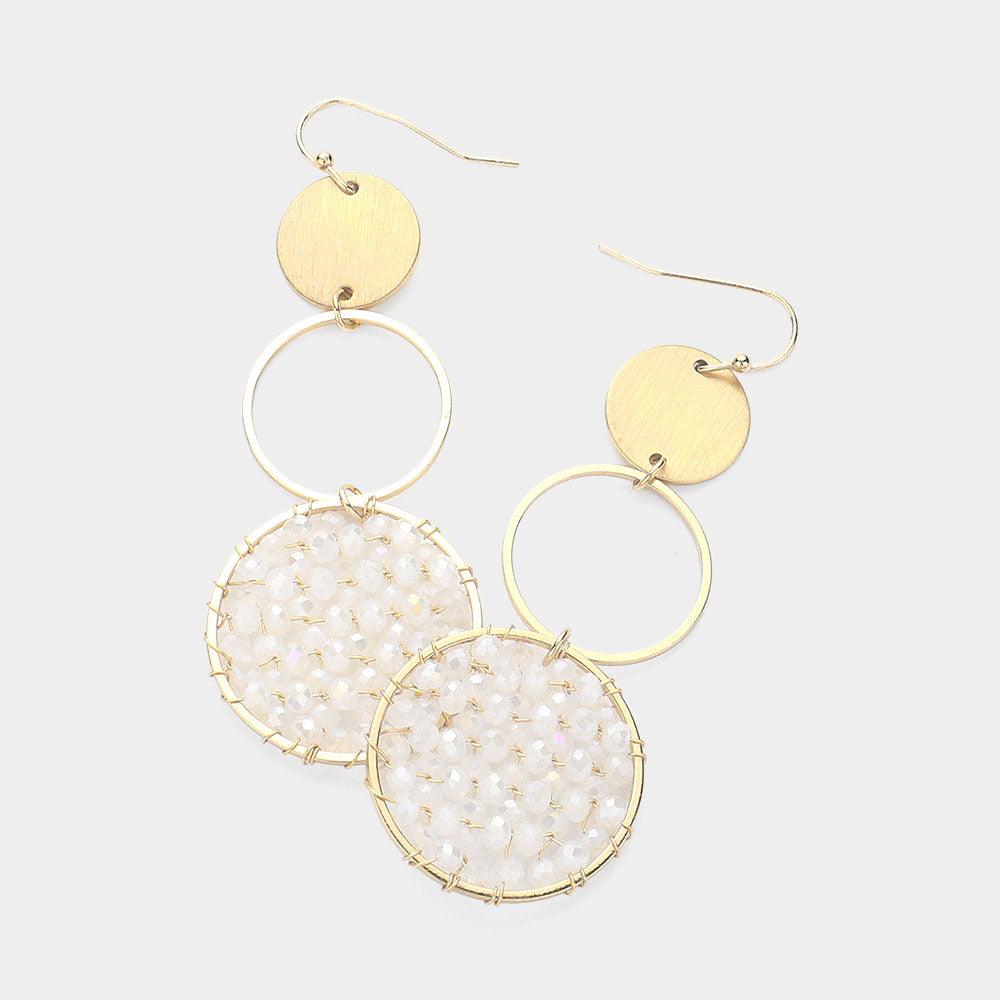 White Faceted Beaded Abstract Disc Link Dangle Earrings