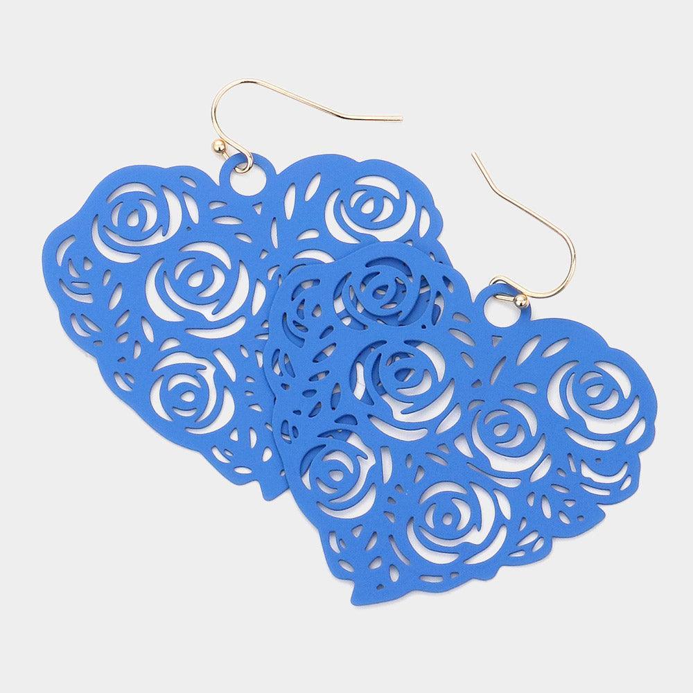 Blue Cut Out Flower Detailed Brass Metal Heart Dangle Earrings