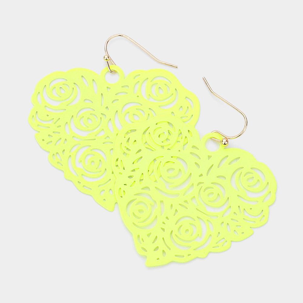 Yellow Cut Out Flower Detailed Brass Metal Heart Dangle Earrings