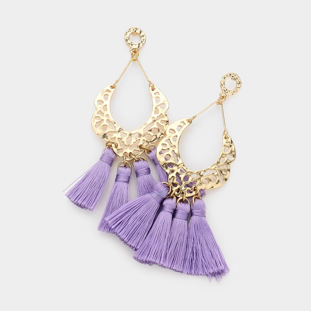 Lavender Filigree Metal Chandelier Tassel Dangle Earrings