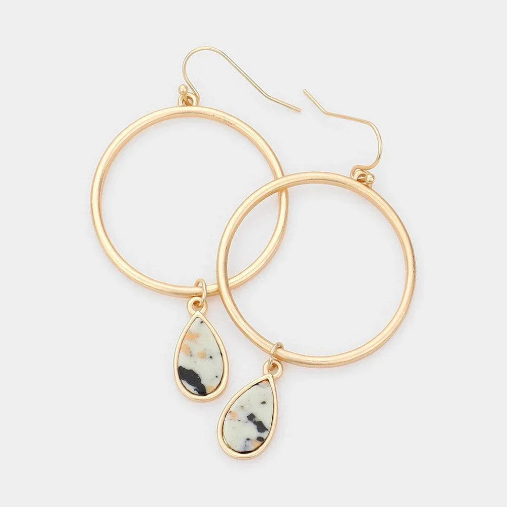 Black Open Metal Circle Natural Stone Teardrop Link Dangle Earrings
