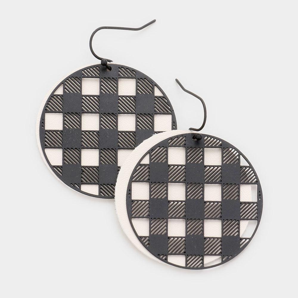 Black Slash Pattern Detail Faux Leather Round Earrings - Jewelry Store by Erik Rayo