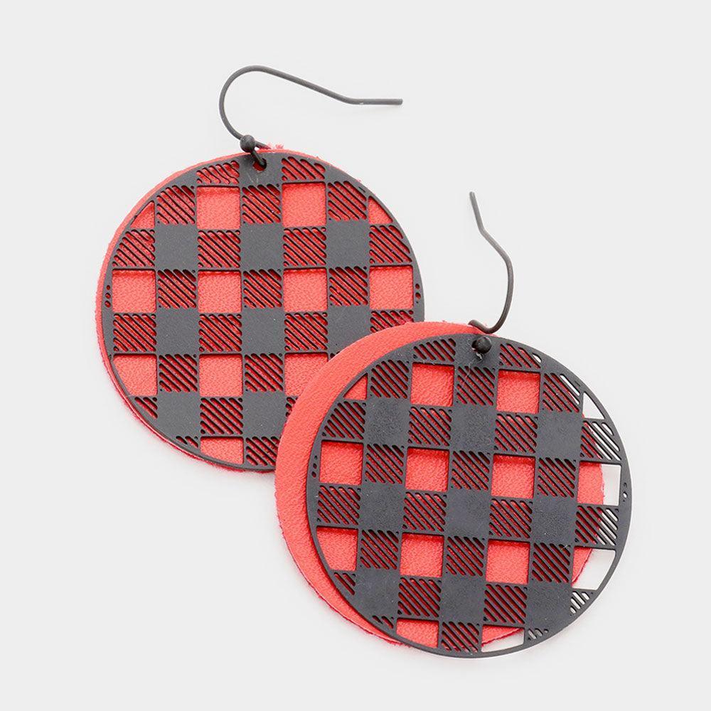 Red Slash Pattern Detail Faux Leather Round Earrings - Jewelry Store by Erik Rayo
