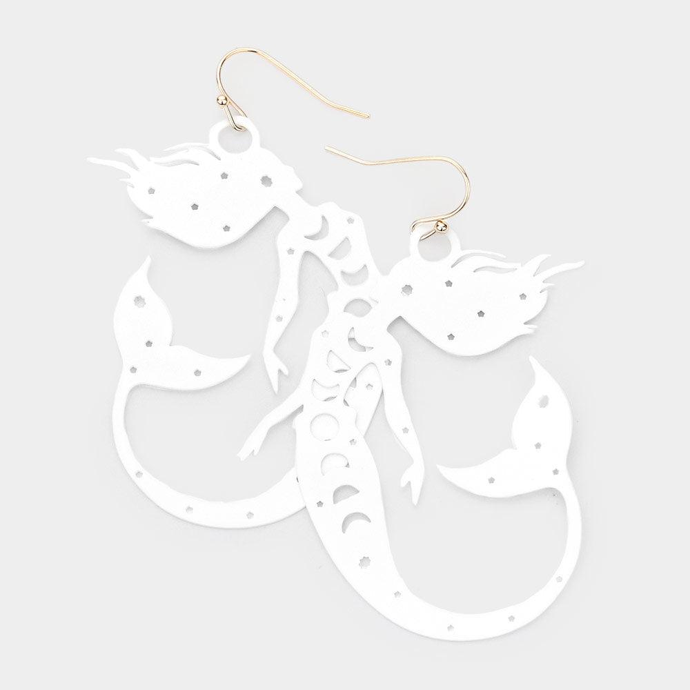 White Cut Out Brass Metal Mermaid Dangle Earrings