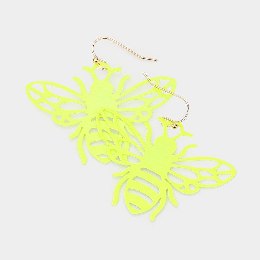 Yellow Cut Out Brass Metal Honey Bee Dangle Earrings