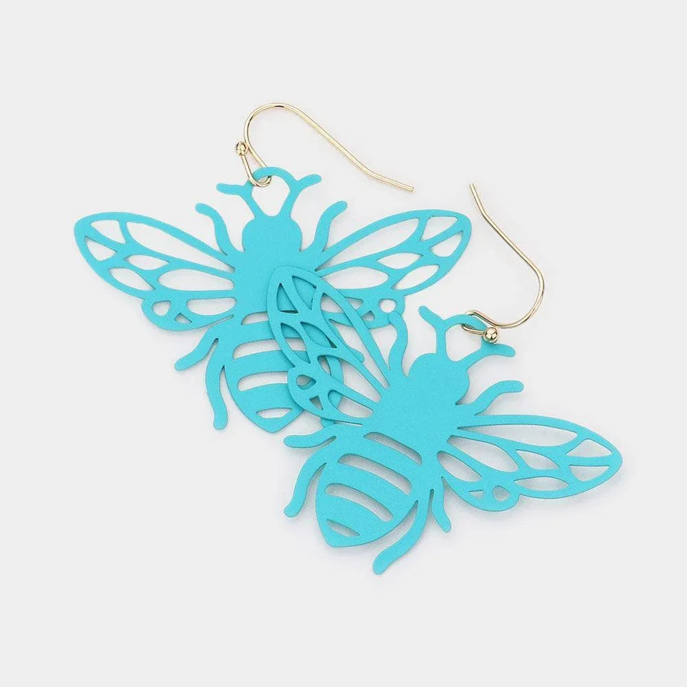 Turquoise Cut Out Brass Metal Honey Bee Dangle Earrings