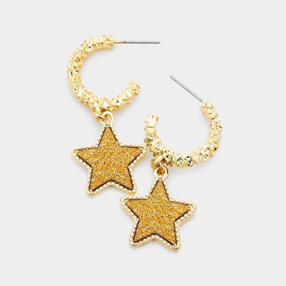 Gold Textured Metal Half Hoop Druzy Star Dangle Earrings - Jewelry Store by Erik Rayo