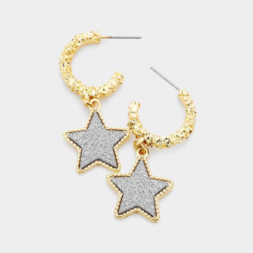 Silver Textured Metal Half Hoop Druzy Star Dangle Earrings - Jewelry Store by Erik Rayo