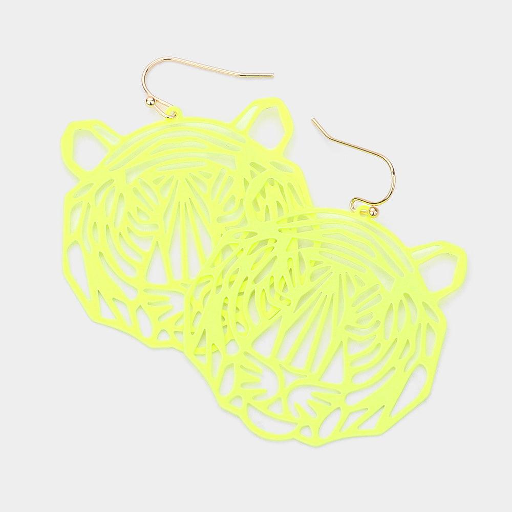 Yellow Cut Out Brass Metal Tiger Dangle Earrings