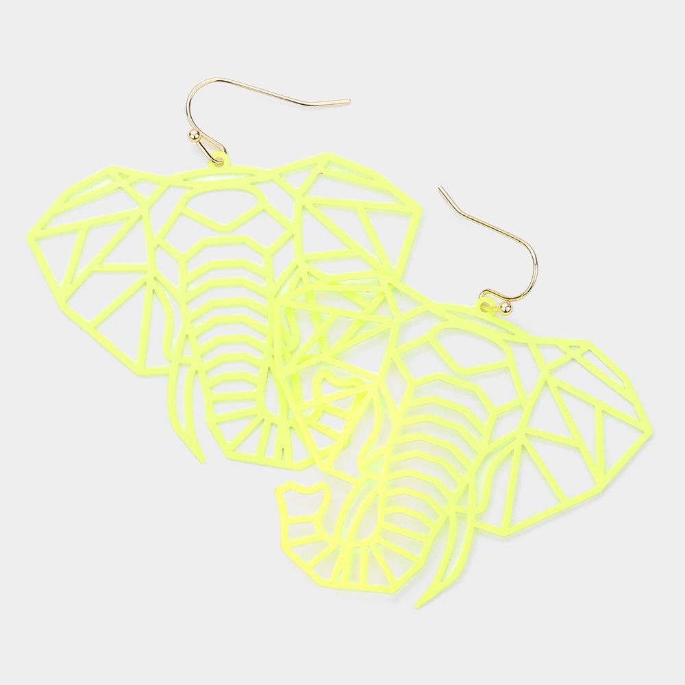 Yellow Cut Out Brass Meta Elephant Dangle Earrings