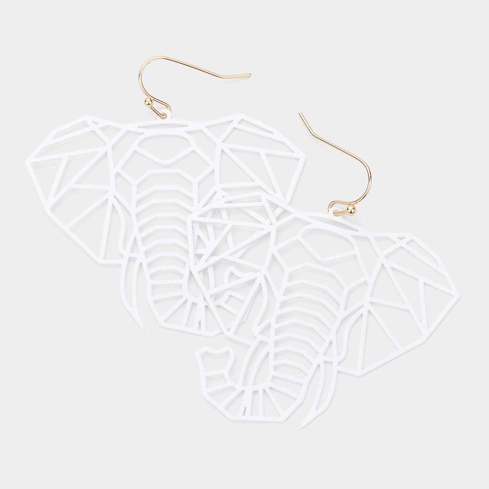 White Cut Out Brass Meta Elephant Dangle Earrings