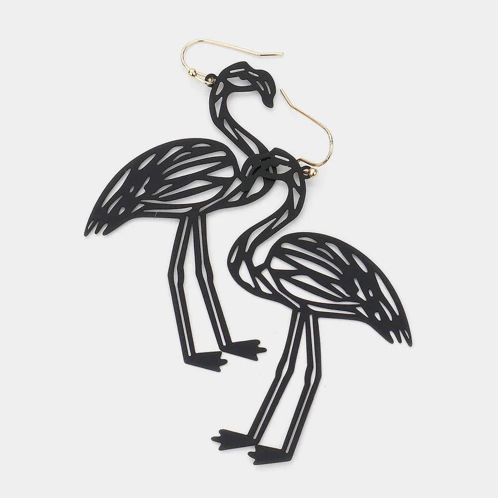 Black Cut Out Brass Metal Flamingo Dangle Earrings