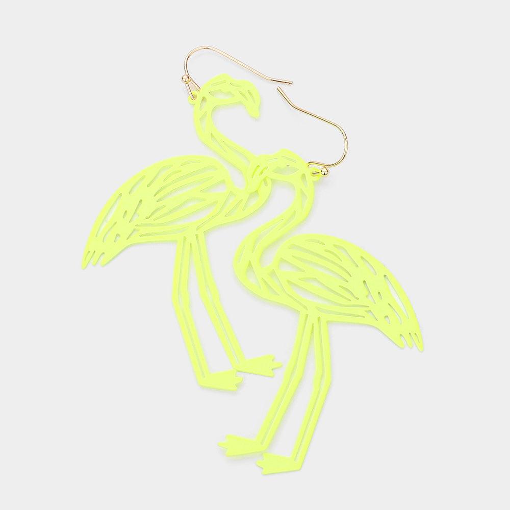 Yellow Cut Out Brass Metal Flamingo Dangle Earrings