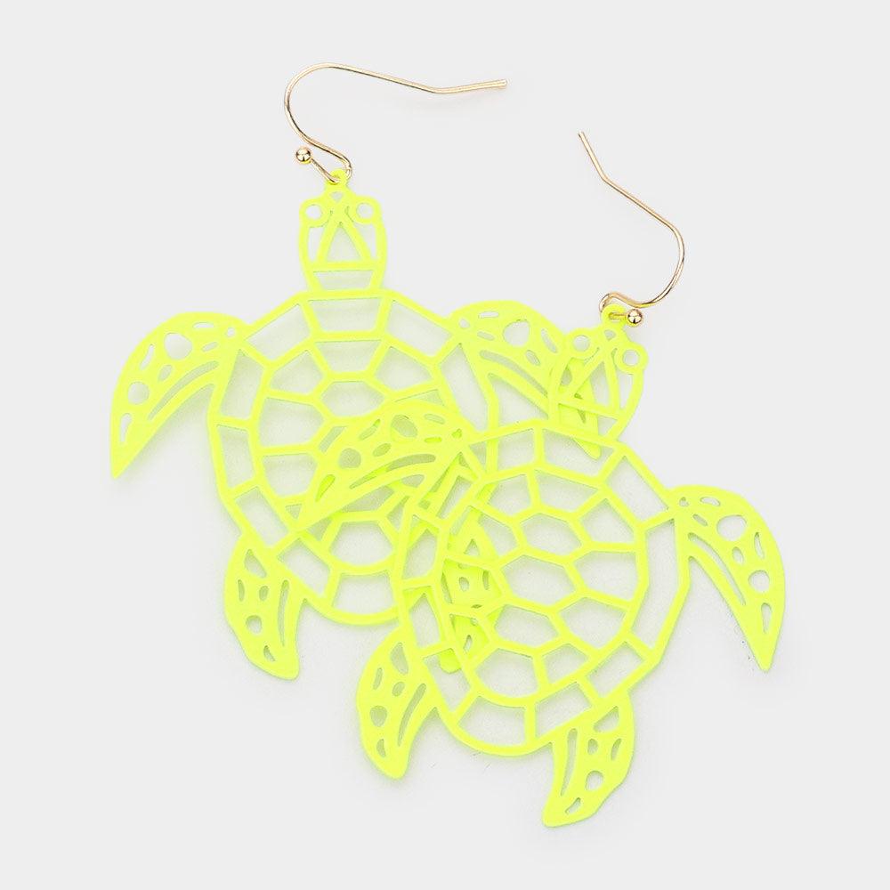 Yellow Cut Out Brass Metal Turtle Dangle Earrings