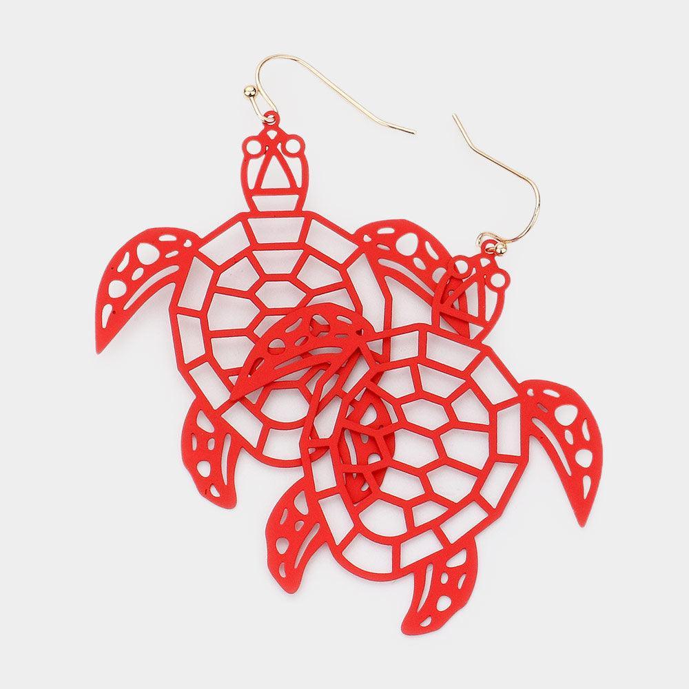 Red Cut Out Brass Metal Turtle Dangle Earrings