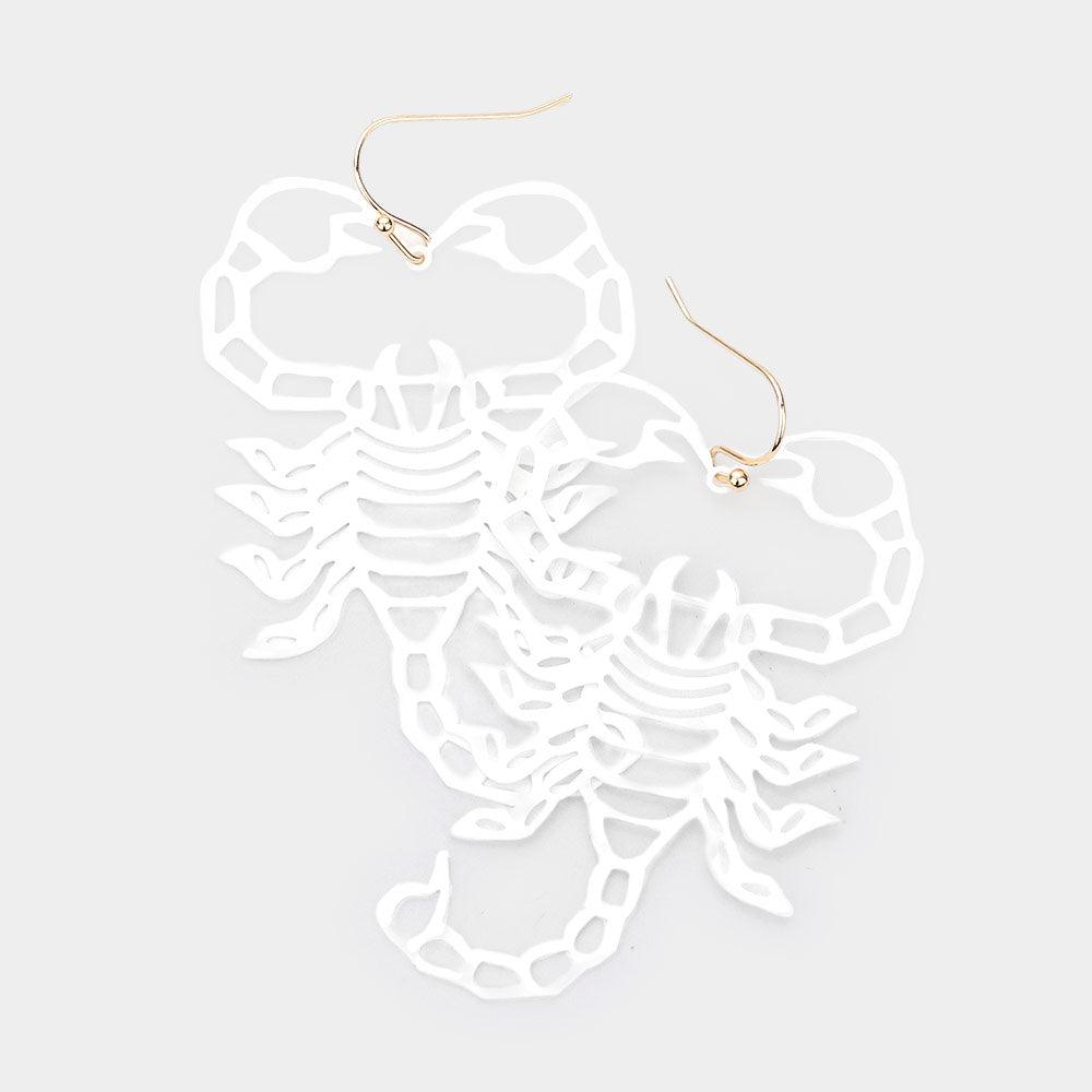 White Cut Out Brass Metal Scorpion Dangle Earrings