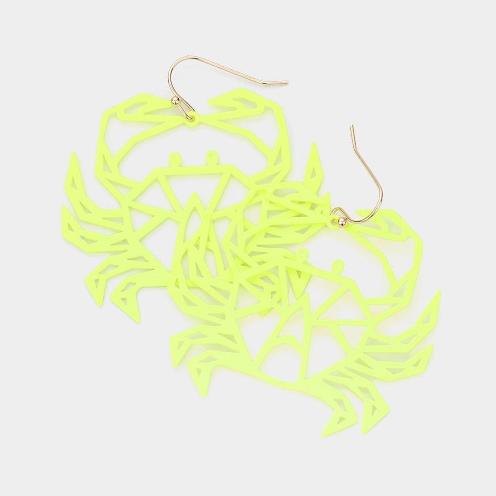 Yellow Cut Out Brass Metal Crab Dangle Earrings