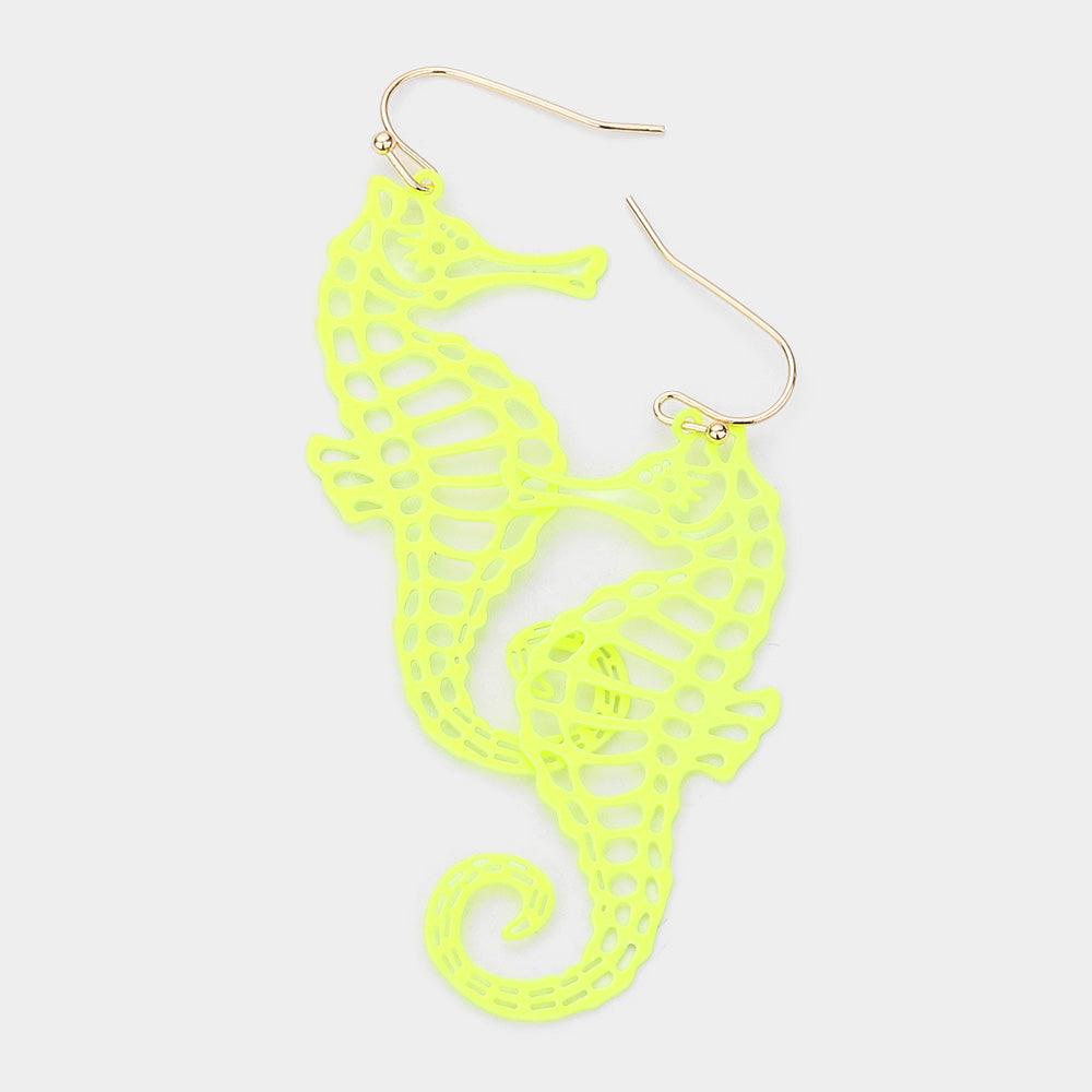 Yellow Cut Out Brass Metal Seahorse Dangle Earrings