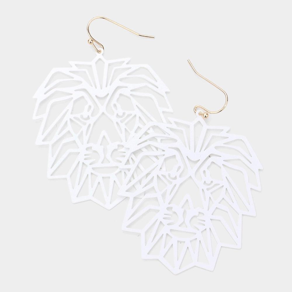 White Cut Out Brass Metal Lion Dangle Earrings