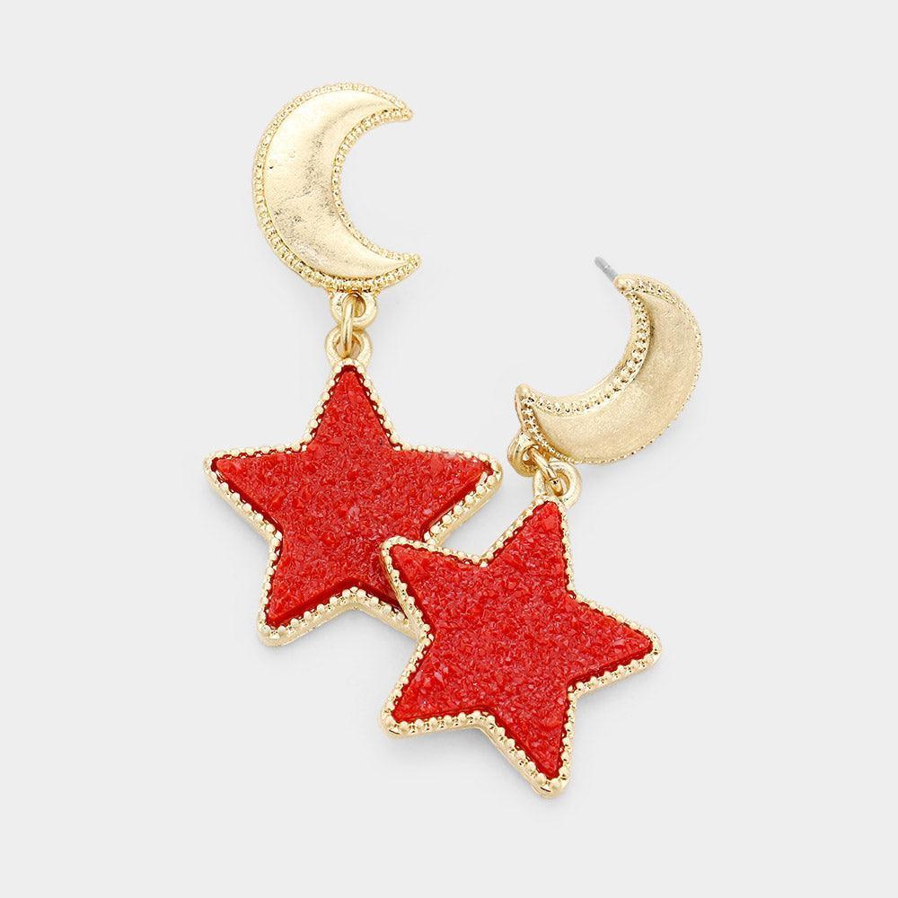 Red Metal Crescent Moon Druzy Star Link Dangle Earrings - Jewelry Store by Erik Rayo