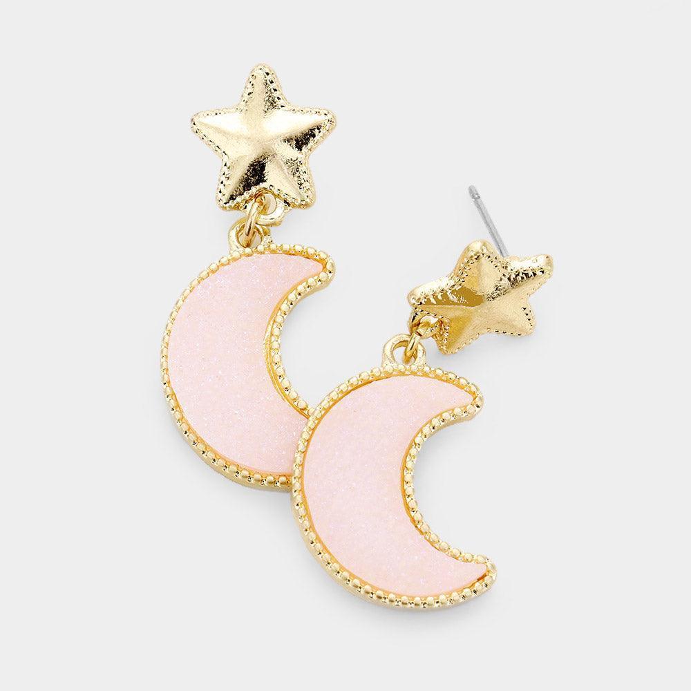 Pink Metal Star Druzy Crescent Moon Link Dangle Earrings - Jewelry Store by Erik Rayo