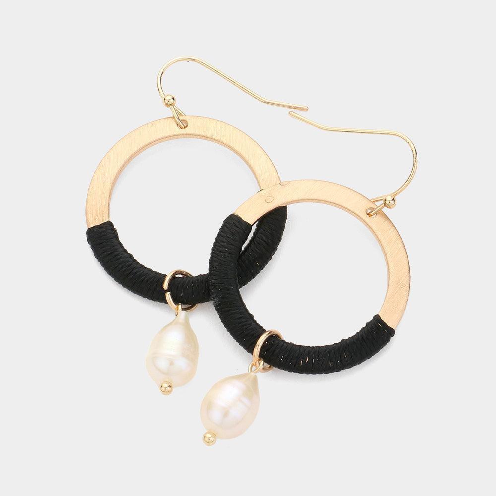 Black Pearl Pointed Thread Wrapped Metal O Ring Dangle Earrings - Jewelry Store by Erik Rayo