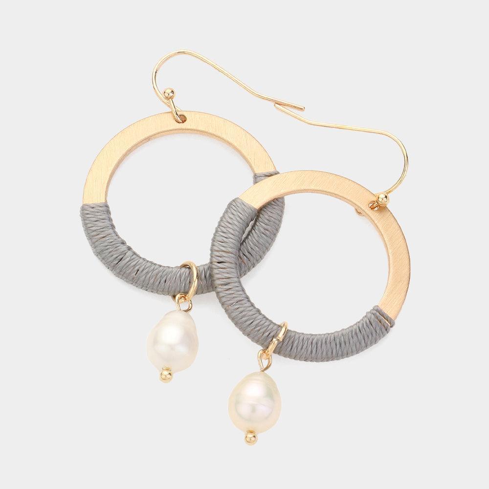 Silver Pearl Pointed Thread Wrapped Metal O Ring Dangle Earrings