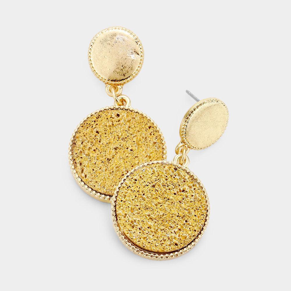 Gold Metal Disc Druzy Round Link Dangle Earrings - Jewelry Store by Erik Rayo
