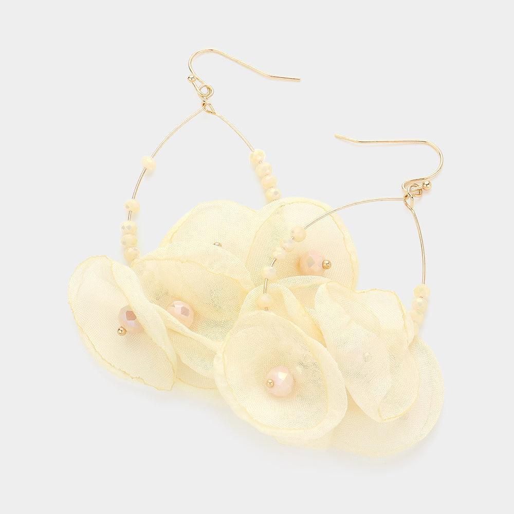 Fabric Flower Petal Faceted Beaded Metal Wire Open Teardrop Dangle Earrings - Jewelry Store by Erik Rayo