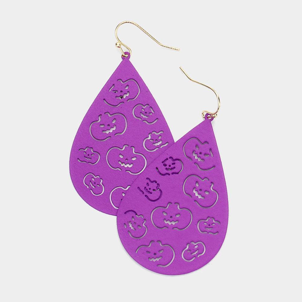 Purple Cut Out Pumpkin Accented Teardrop Dangle Earrings - Jewelry Store by Erik Rayo