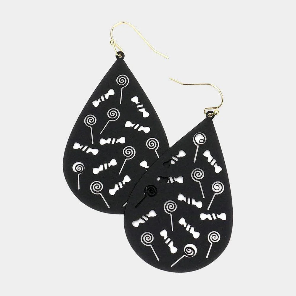 Black Cut Out Lollipop Candy Accented Teardrop Dangle Earrings - Jewelry Store by Erik Rayo