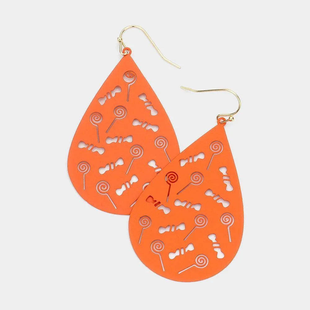 Orange Cut Out Lollipop Candy Accented Teardrop Dangle Earrings - Jewelry Store by Erik Rayo