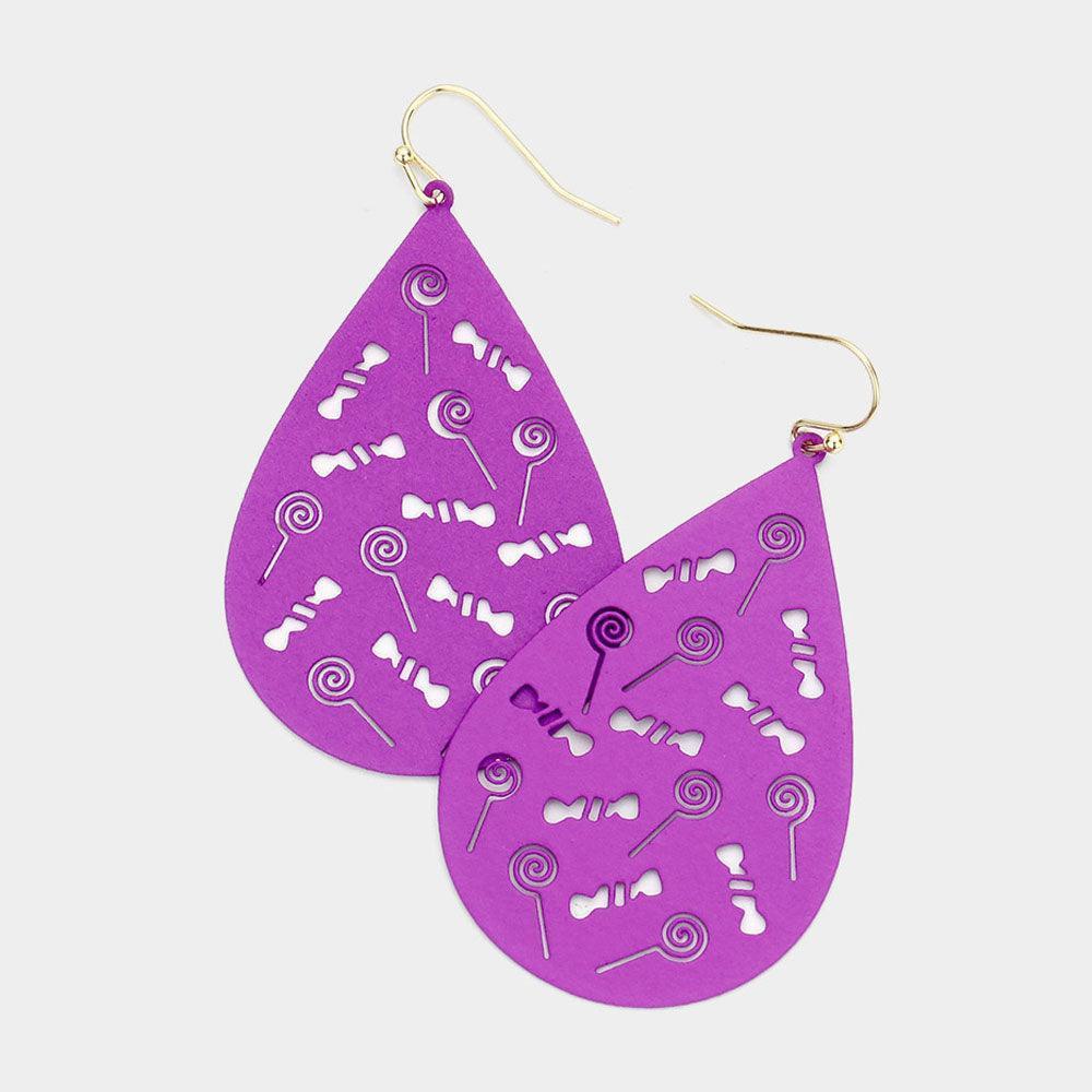 Purple Cut Out Lollipop Candy Accented Teardrop Dangle Earrings - Jewelry Store by Erik Rayo