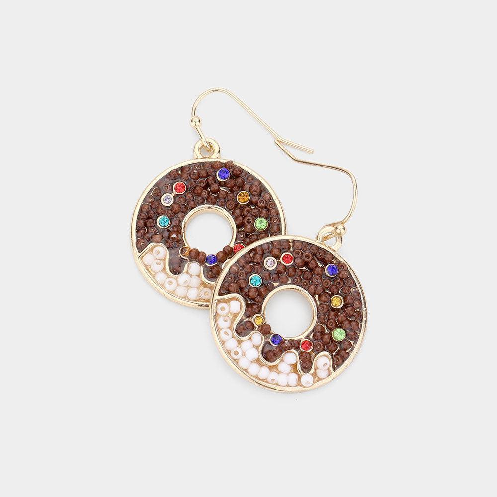 Brown Stone Seed Beaded Metal Donut Dangle Earrings - Jewelry Store by Erik Rayo