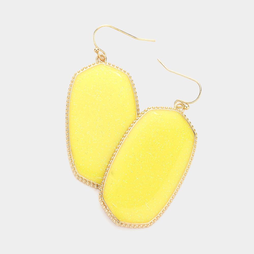 Yellow Glittered Hexagon Dangle Earrings