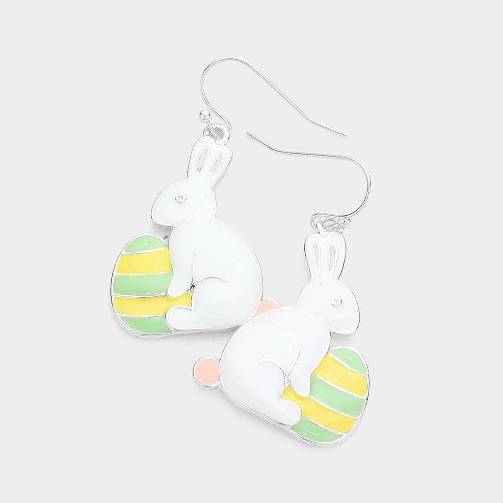 White Enamel Metal Bunny Egg Dangle Earrings