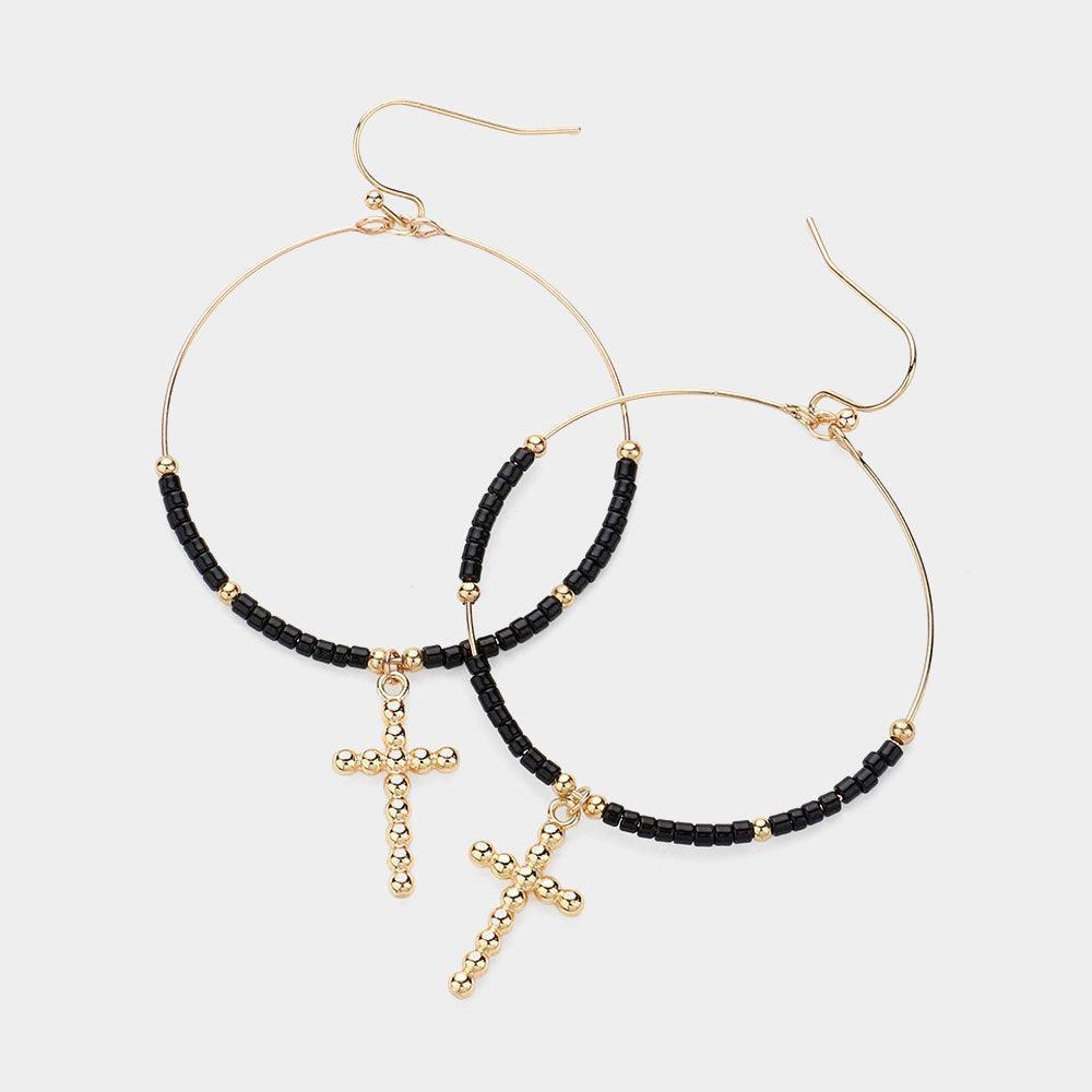Black Metal Bubble Cross Charm Seed Beaded Open Wire Dangle Earrings - Jewelry Store by Erik Rayo