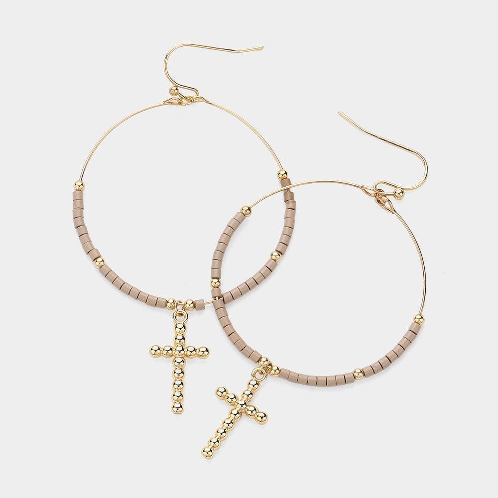 Brown Metal Bubble Cross Charm Seed Beaded Open Wire Dangle Earrings - Jewelry Store by Erik Rayo