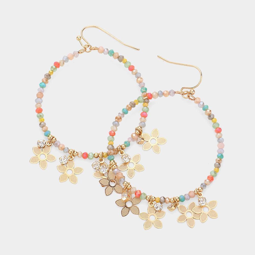Metal Flower Stone Cluster Pointed Faceted Beaded Open Circle Dangle Earrings - Jewelry Store by Erik Rayo