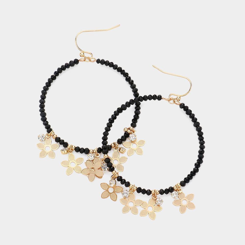 Black Metal Flower Stone Cluster Pointed Faceted Beaded Open Circle Dangle Earrings