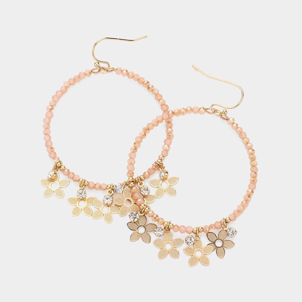 Pink Metal Flower Stone Cluster Pointed Faceted Beaded Open Circle Dangle Earrings - Jewelry Store by Erik Rayo
