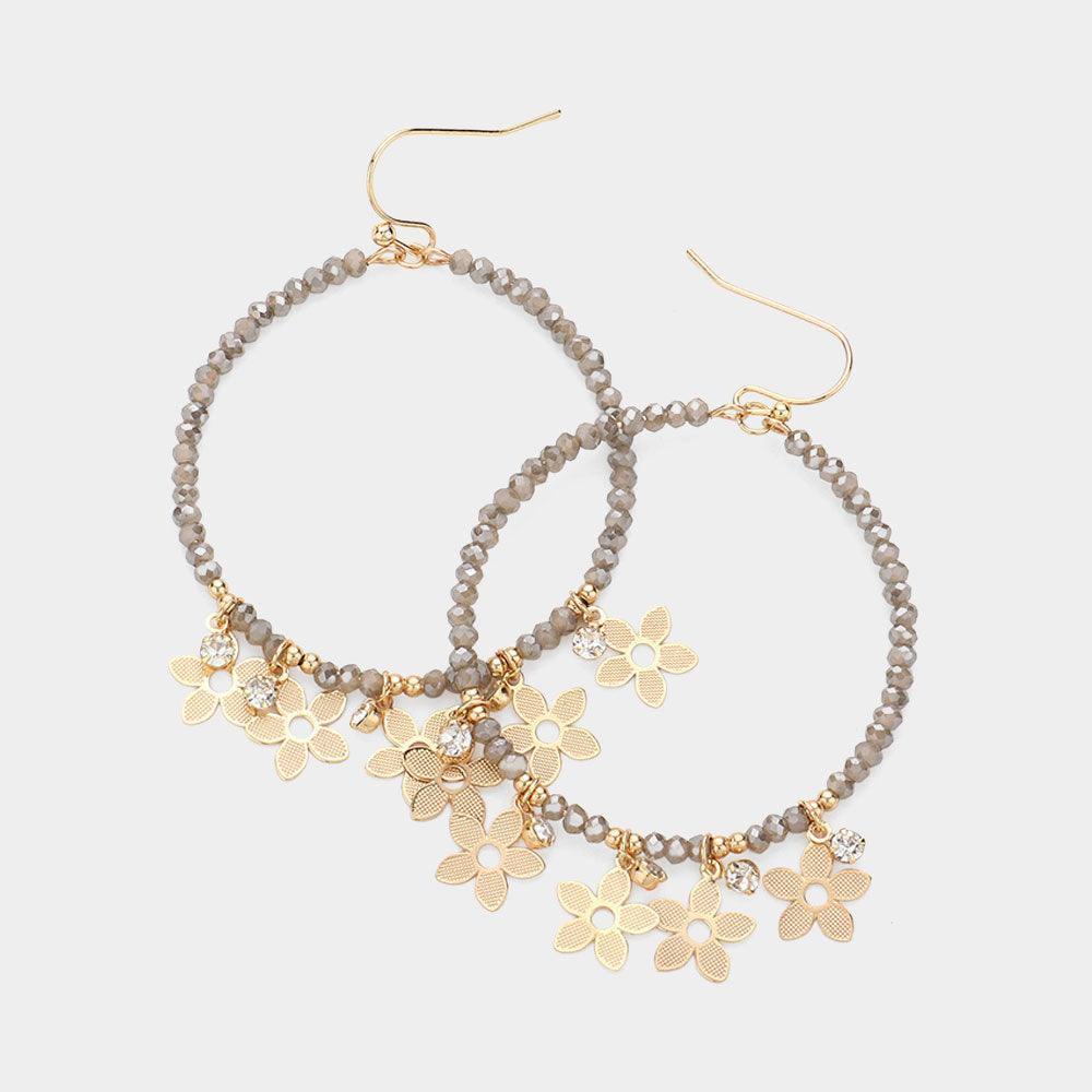 Silver Metal Flower Stone Cluster Pointed Faceted Beaded Open Circle Dangle Earrings - Jewelry Store by Erik Rayo